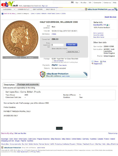 ianoliver50 eBay Listing Using our 2000 Mint Condition Sovereign Obverse Photograph
